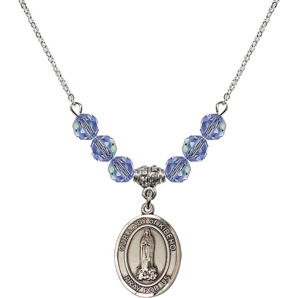 Sterling Silver Our Lady of Kibeho Birthstone Necklace with Light Sapphire Beads - 8414