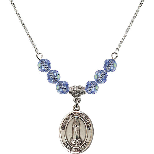 Sterling Silver Our Lady of Kibeho Birthstone Necklace with Light Sapphire Beads - 8414
