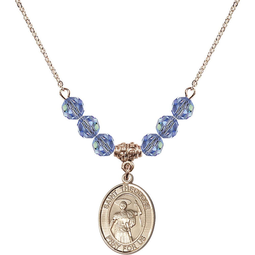 14kt Gold Filled Saint Theodore Stratelates Birthstone Necklace with Light Sapphire Beads - 8415
