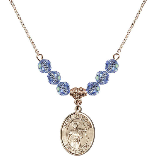 14kt Gold Filled Saint Theodore Stratelates Birthstone Necklace with Light Sapphire Beads - 8415