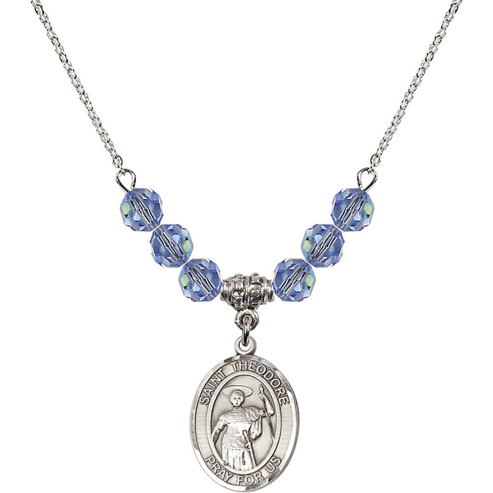 Sterling Silver Saint Theodore Stratelates Birthstone Necklace with Light Sapphire Beads - 8415