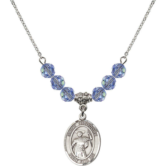 Sterling Silver Saint Theodore Stratelates Birthstone Necklace with Light Sapphire Beads - 8415