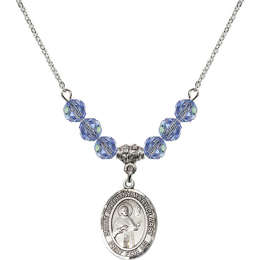 Sterling Silver Saint Anthony Mary Claret Birthstone Necklace with Light Sapphire Beads - 8416