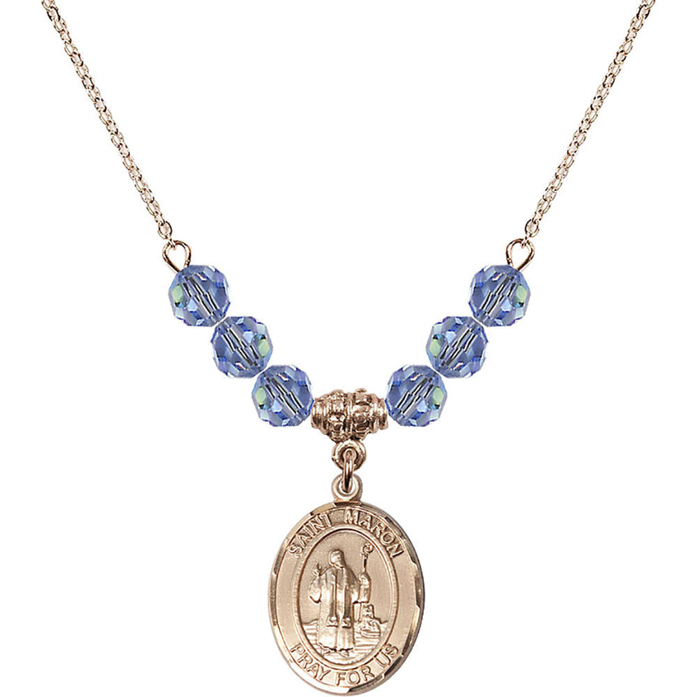 14kt Gold Filled Saint Maron Birthstone Necklace with Light Sapphire Beads - 8417