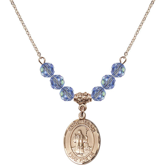 14kt Gold Filled Saint Maron Birthstone Necklace with Light Sapphire Beads - 8417