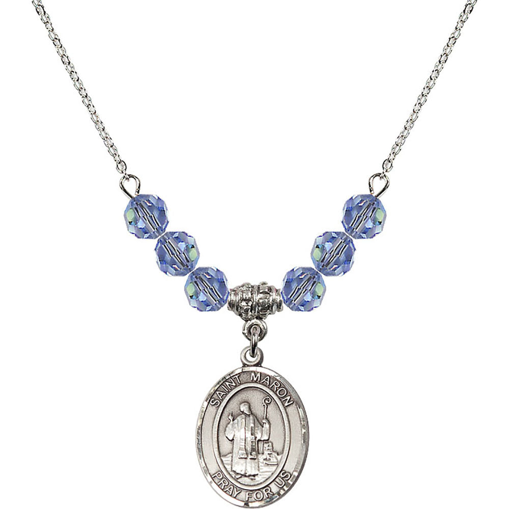 Sterling Silver Saint Maron Birthstone Necklace with Light Sapphire Beads - 8417