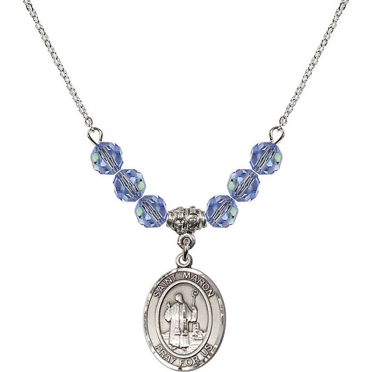 Sterling Silver Saint Maron Birthstone Necklace with Light Sapphire Beads - 8417