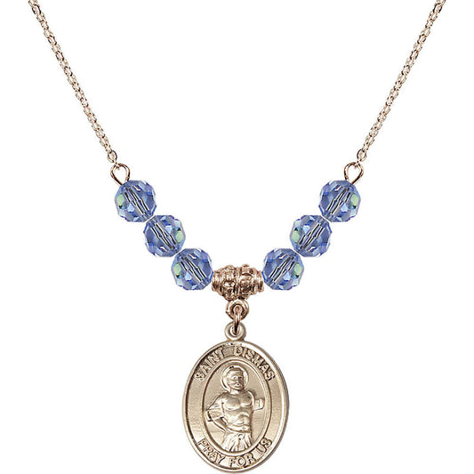 14kt Gold Filled Saint Dismas Birthstone Necklace with Light Sapphire Beads - 8418