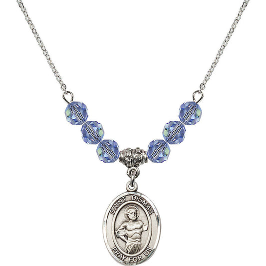 Sterling Silver Saint Dismas Birthstone Necklace with Light Sapphire Beads - 8418