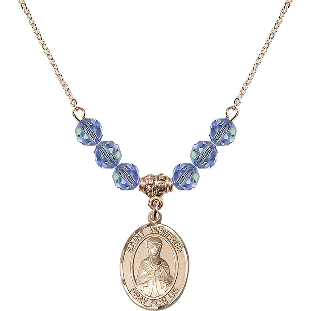 14kt Gold Filled Saint Winifred of Wales Birthstone Necklace with Light Sapphire Beads - 8419