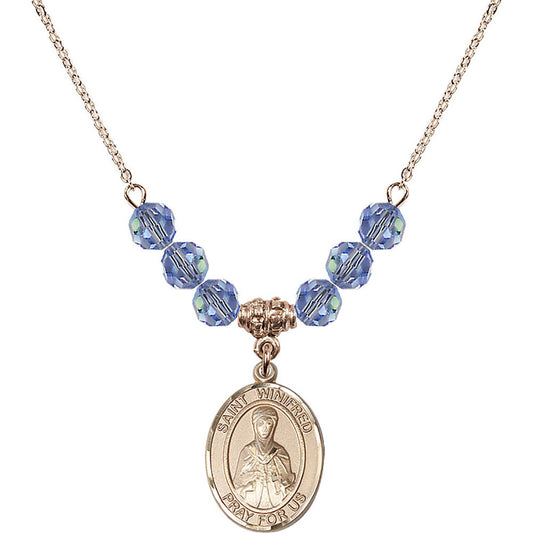 14kt Gold Filled Saint Winifred of Wales Birthstone Necklace with Light Sapphire Beads - 8419