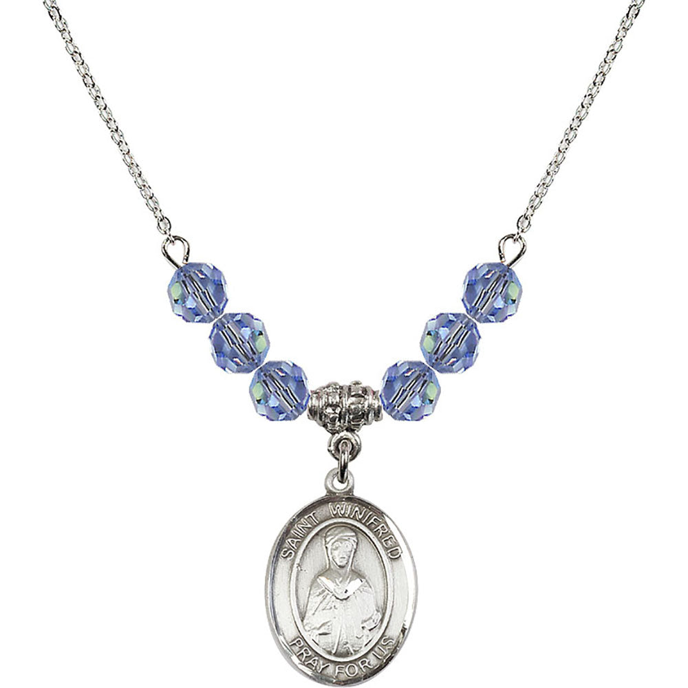 Sterling Silver Saint Winifred of Wales Birthstone Necklace with Light Sapphire Beads - 8419