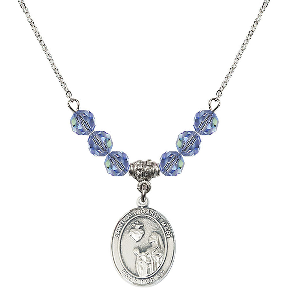 Sterling Silver Saint Margaret Mary Alacoque Birthstone Necklace with Light Sapphire Beads - 8420