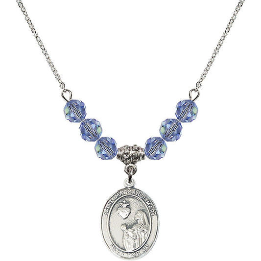 Sterling Silver Saint Margaret Mary Alacoque Birthstone Necklace with Light Sapphire Beads - 8420