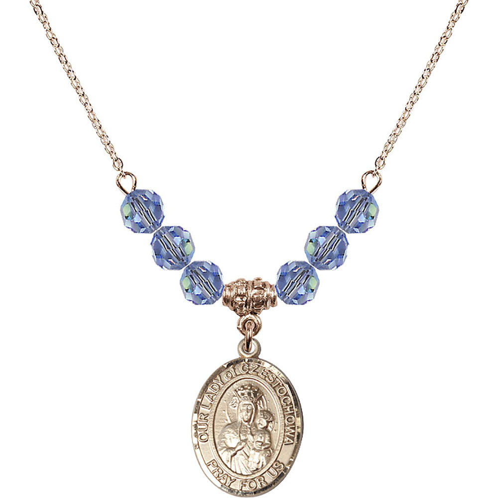 14kt Gold Filled Our Lady of Czestochowa Birthstone Necklace with Light Sapphire Beads - 8421