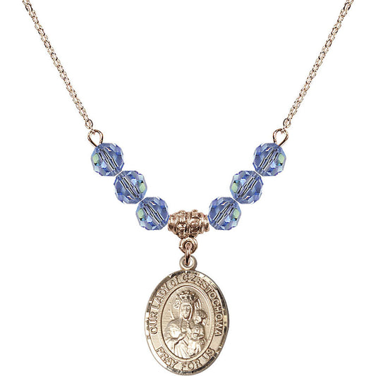 14kt Gold Filled Our Lady of Czestochowa Birthstone Necklace with Light Sapphire Beads - 8421