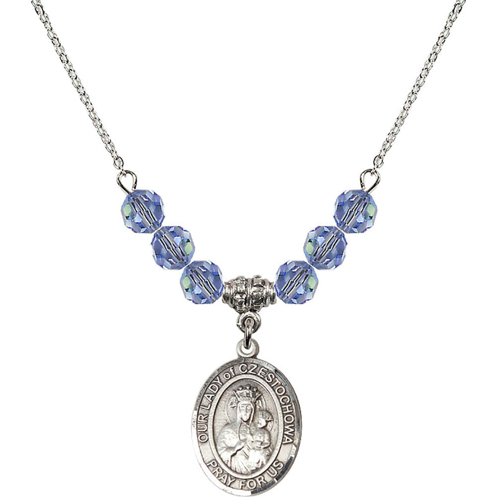 Sterling Silver Our Lady of Czestochowa Birthstone Necklace with Light Sapphire Beads - 8421
