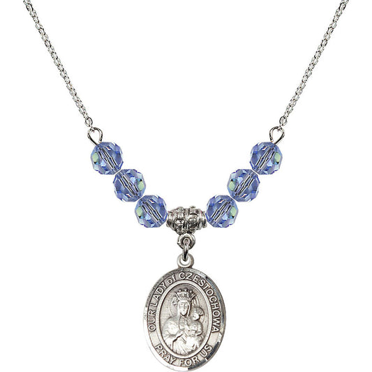 Sterling Silver Our Lady of Czestochowa Birthstone Necklace with Light Sapphire Beads - 8421