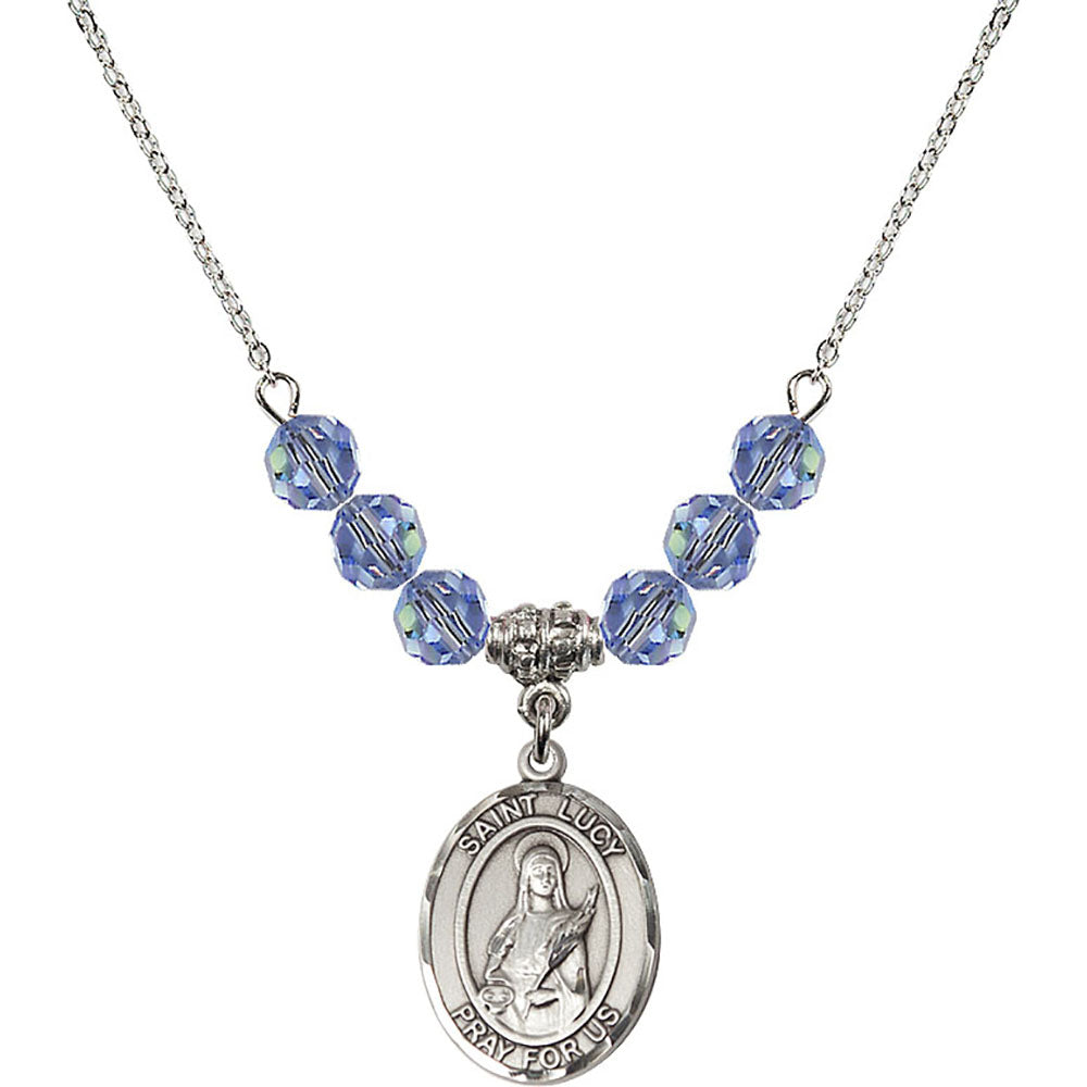 Sterling Silver Saint Lucy Birthstone Necklace with Light Sapphire Beads - 8422