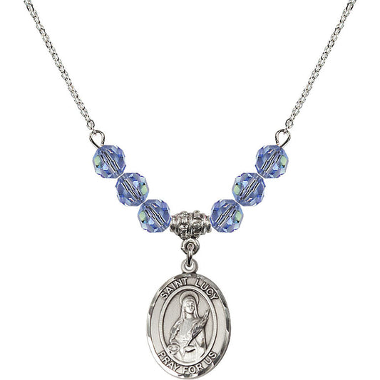 Sterling Silver Saint Lucy Birthstone Necklace with Light Sapphire Beads - 8422