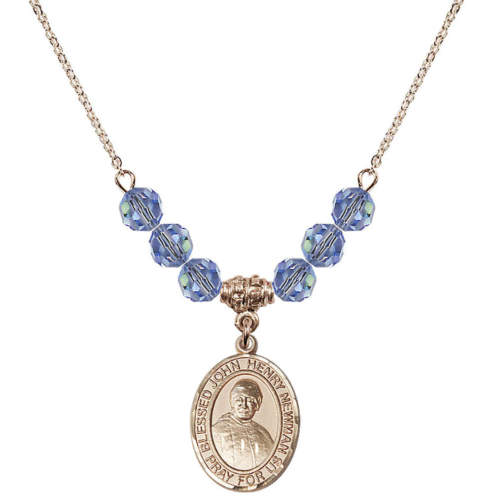 14kt Gold Filled Blessed John Henry Newman Birthstone Necklace with Light Sapphire Beads - 8423