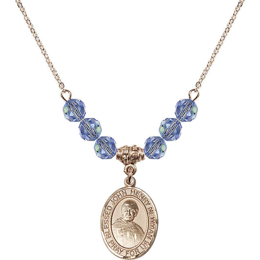 14kt Gold Filled Blessed John Henry Newman Birthstone Necklace with Light Sapphire Beads - 8423