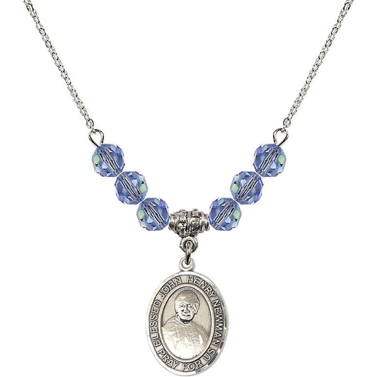 Sterling Silver Blessed John Henry Newman Birthstone Necklace with Light Sapphire Beads - 8423