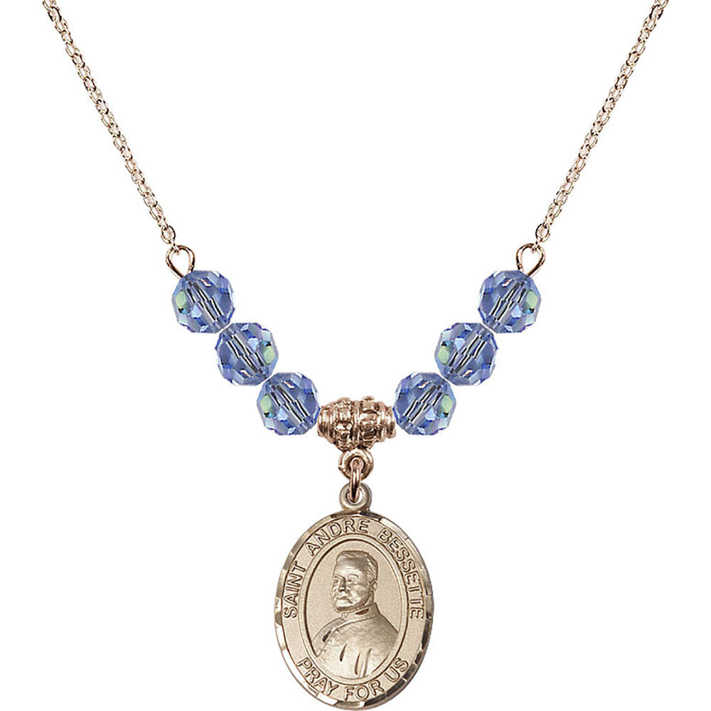 14kt Gold Filled Saint Andre Bessette Birthstone Necklace with Light Sapphire Beads - 8424