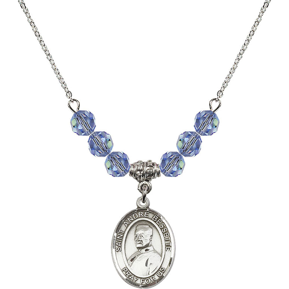 Sterling Silver Saint Andre Bessette Birthstone Necklace with Light Sapphire Beads - 8424