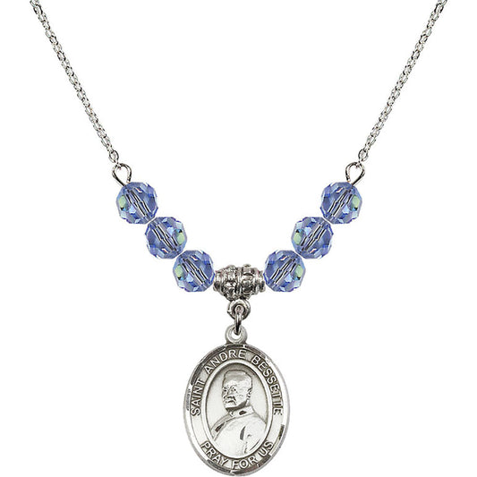 Sterling Silver Saint Andre Bessette Birthstone Necklace with Light Sapphire Beads - 8424