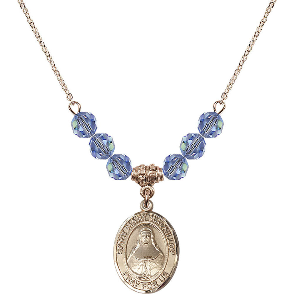 14kt Gold Filled Saint Mary Mackillop Birthstone Necklace with Light Sapphire Beads - 8425