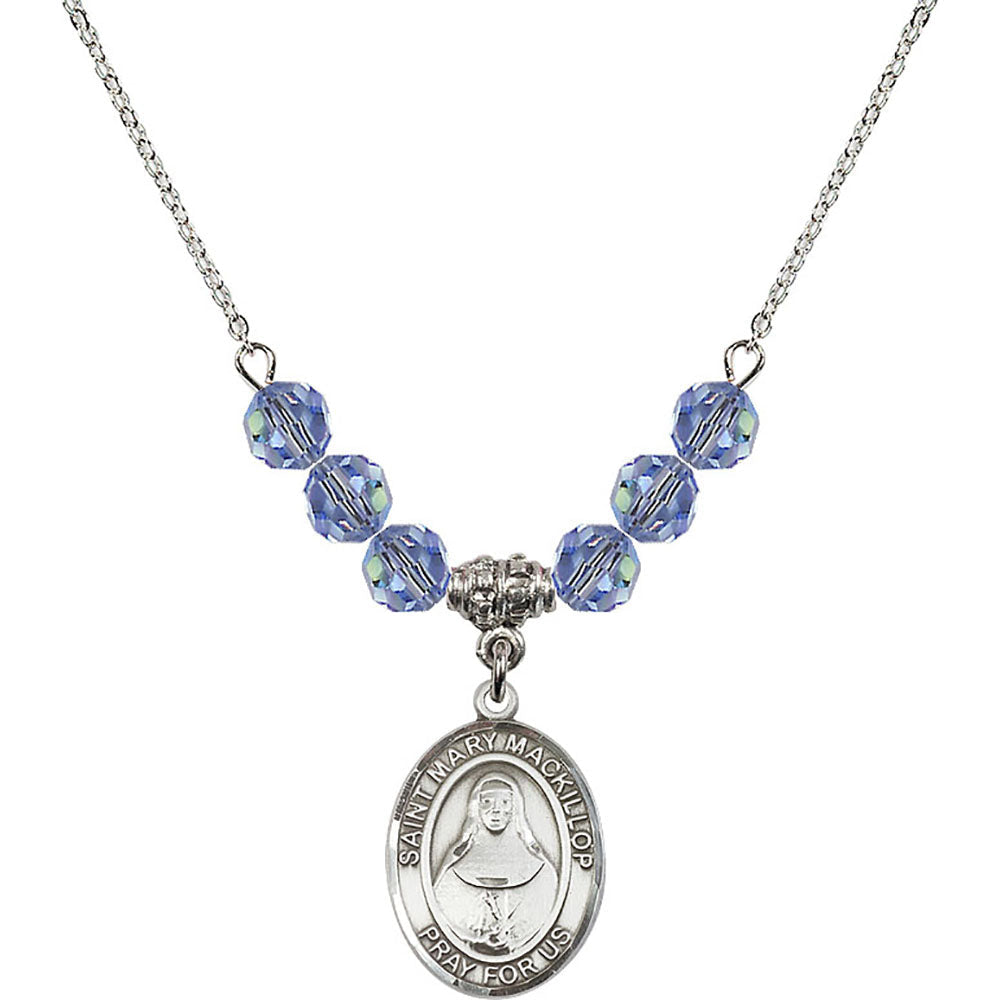 Sterling Silver Saint Mary Mackillop Birthstone Necklace with Light Sapphire Beads - 8425