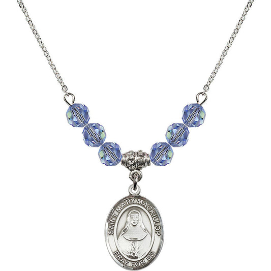 Sterling Silver Saint Mary Mackillop Birthstone Necklace with Light Sapphire Beads - 8425