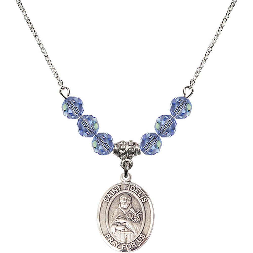 Sterling Silver Saint Fidelis Birthstone Necklace with Light Sapphire Beads - 8426