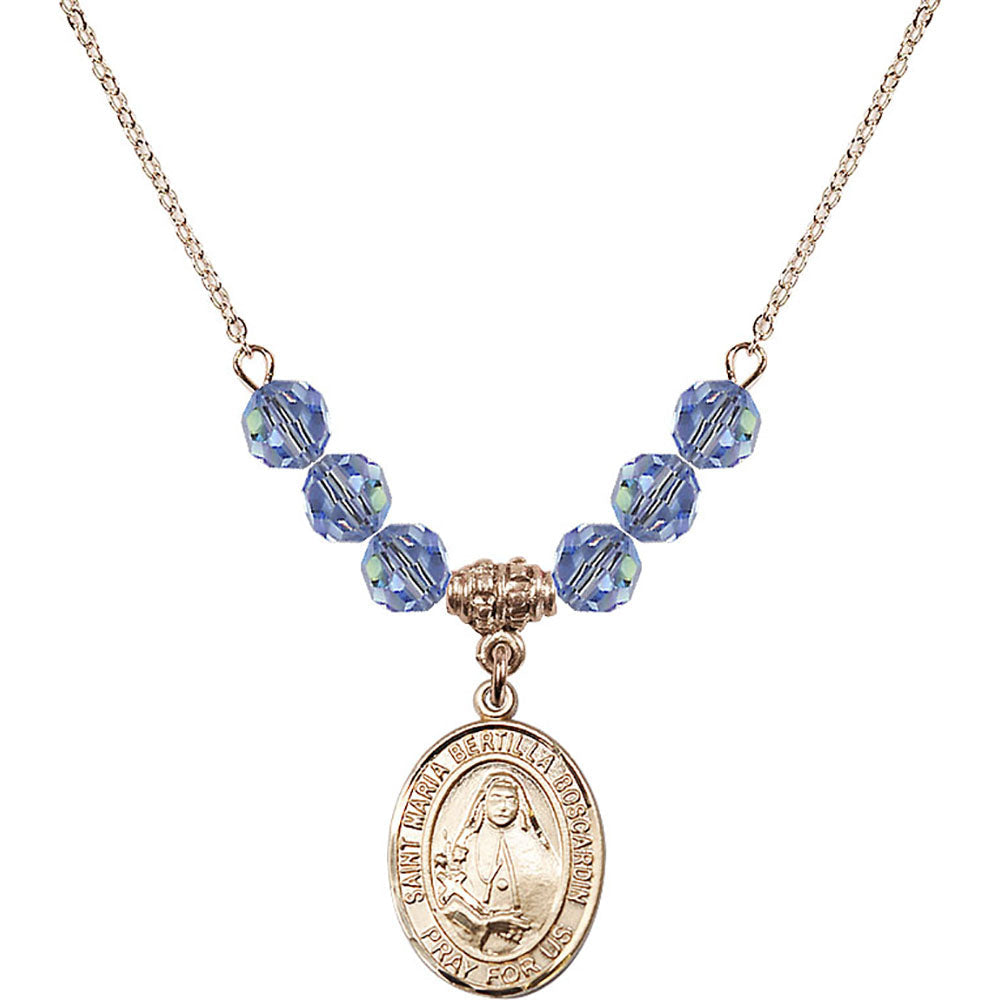 14kt Gold Filled Saint Maria Bertilla Boscardin Birthstone Necklace with Light Sapphire Beads - 8428
