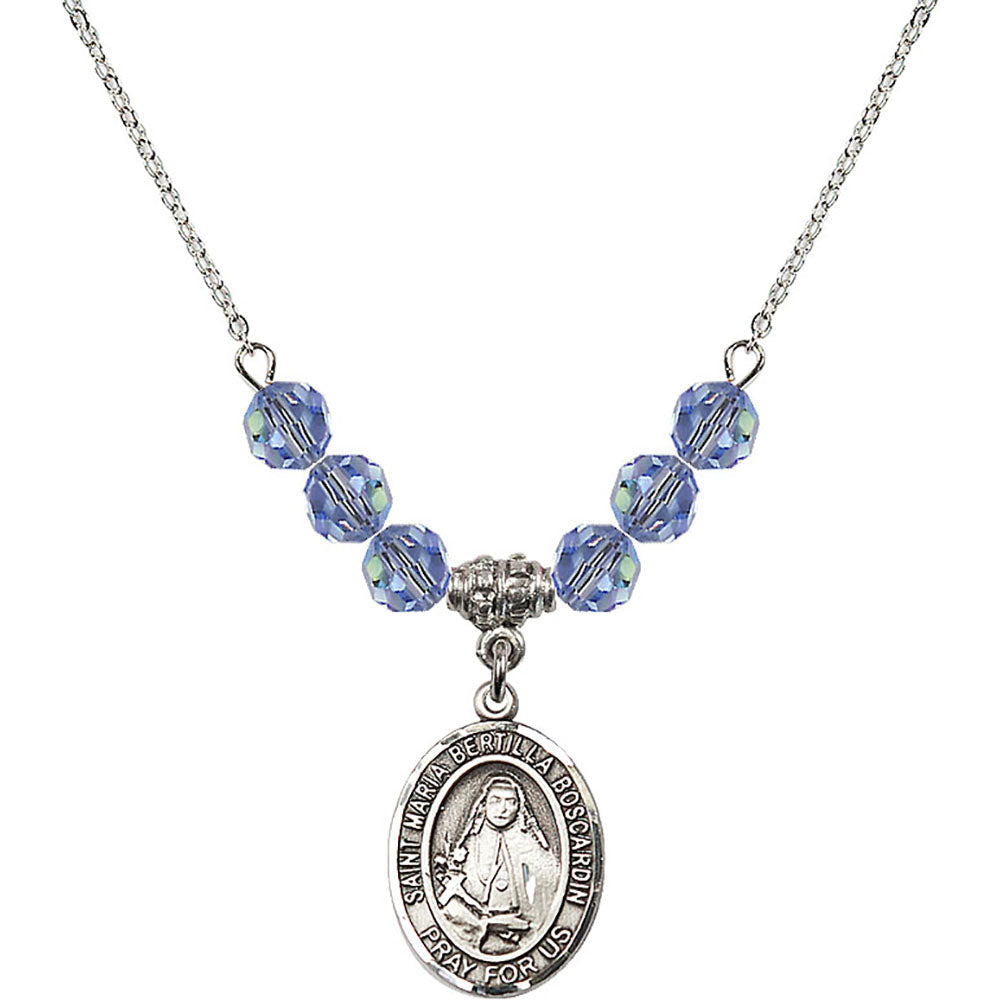 Sterling Silver Saint Maria Bertilla Boscardin Birthstone Necklace with Light Sapphire Beads - 8428