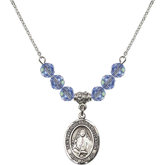 Sterling Silver Saint Maria Bertilla Boscardin Birthstone Necklace with Light Sapphire Beads - 8428