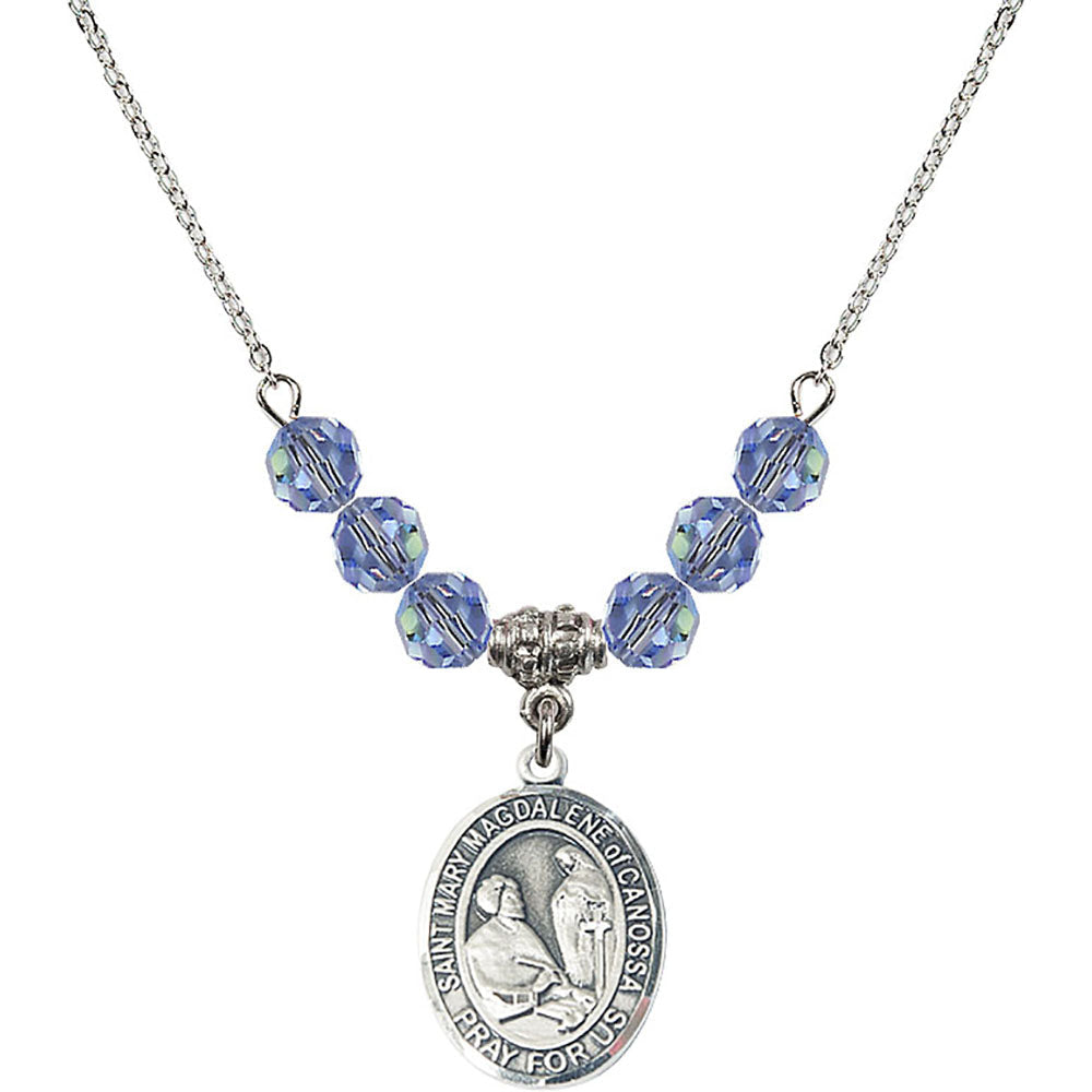 Sterling Silver Saint Mary Magdalene of Canossa Birthstone Necklace with Light Sapphire Beads - 8429
