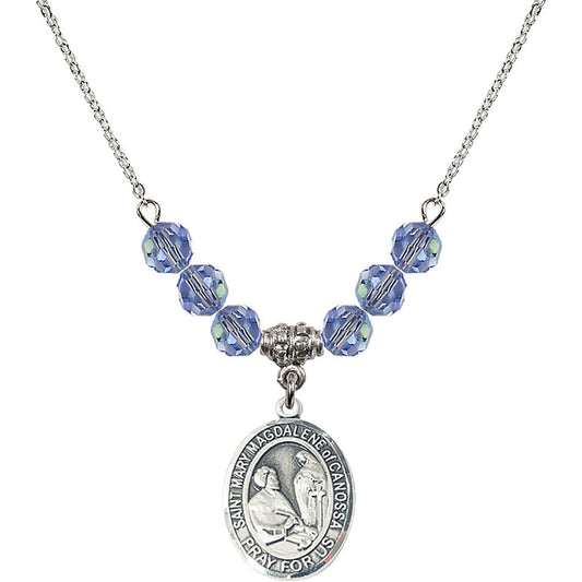 Sterling Silver Saint Mary Magdalene of Canossa Birthstone Necklace with Light Sapphire Beads - 8429