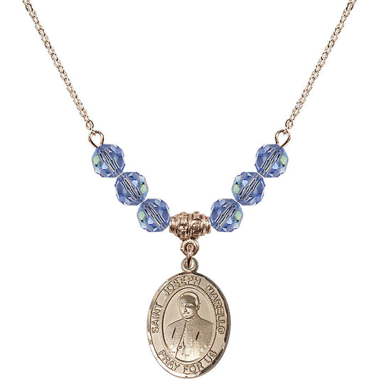 14kt Gold Filled Saint Joseph Marello Birthstone Necklace with Light Sapphire Beads - 8430