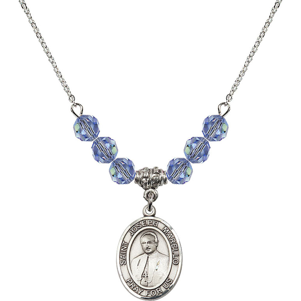 Sterling Silver Saint Joseph Marello Birthstone Necklace with Light Sapphire Beads - 8430
