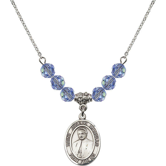 Sterling Silver Saint Joseph Marello Birthstone Necklace with Light Sapphire Beads - 8430