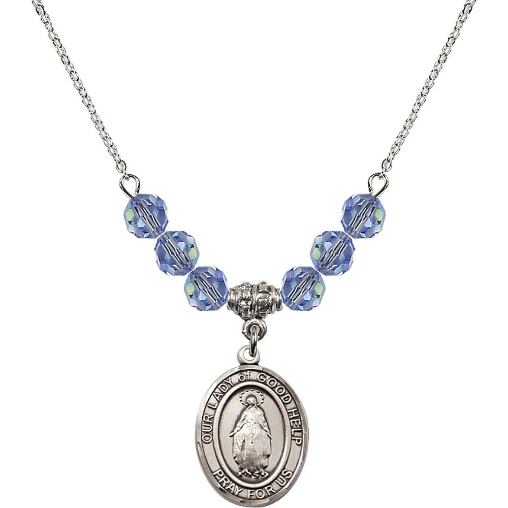 Sterling Silver Our Lady Of Good Help Birthstone Necklace with Light Sapphire Beads - 8431