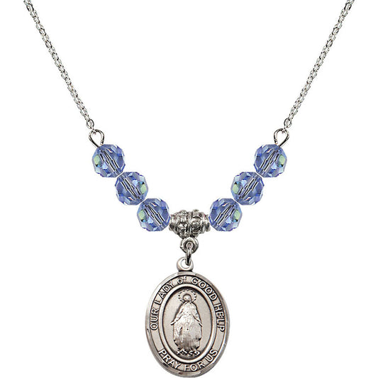 Sterling Silver Our Lady Of Good Help Birthstone Necklace with Light Sapphire Beads - 8431