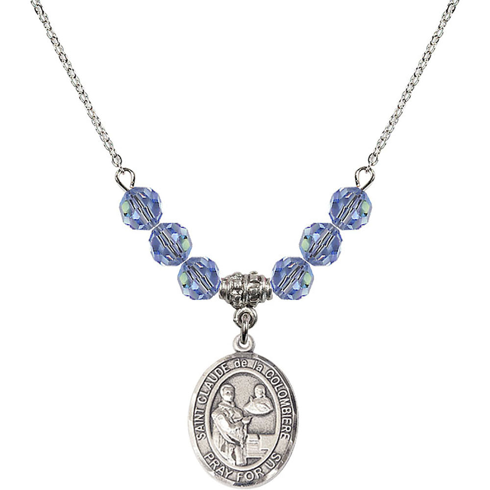 Sterling Silver Saint Claude de la Colombiere Birthstone Necklace with Light Sapphire Beads - 8432