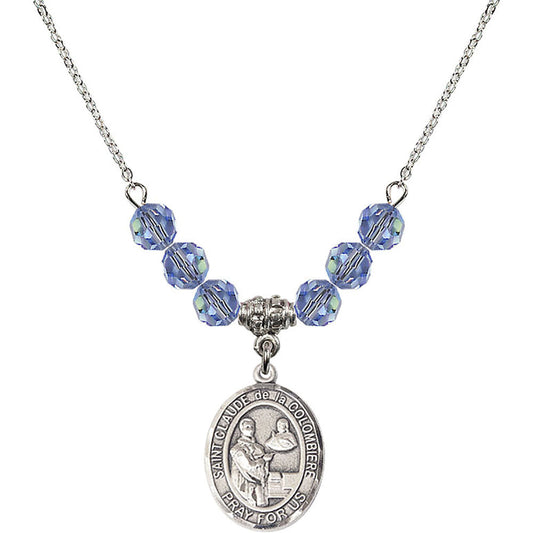 Sterling Silver Saint Claude de la Colombiere Birthstone Necklace with Light Sapphire Beads - 8432