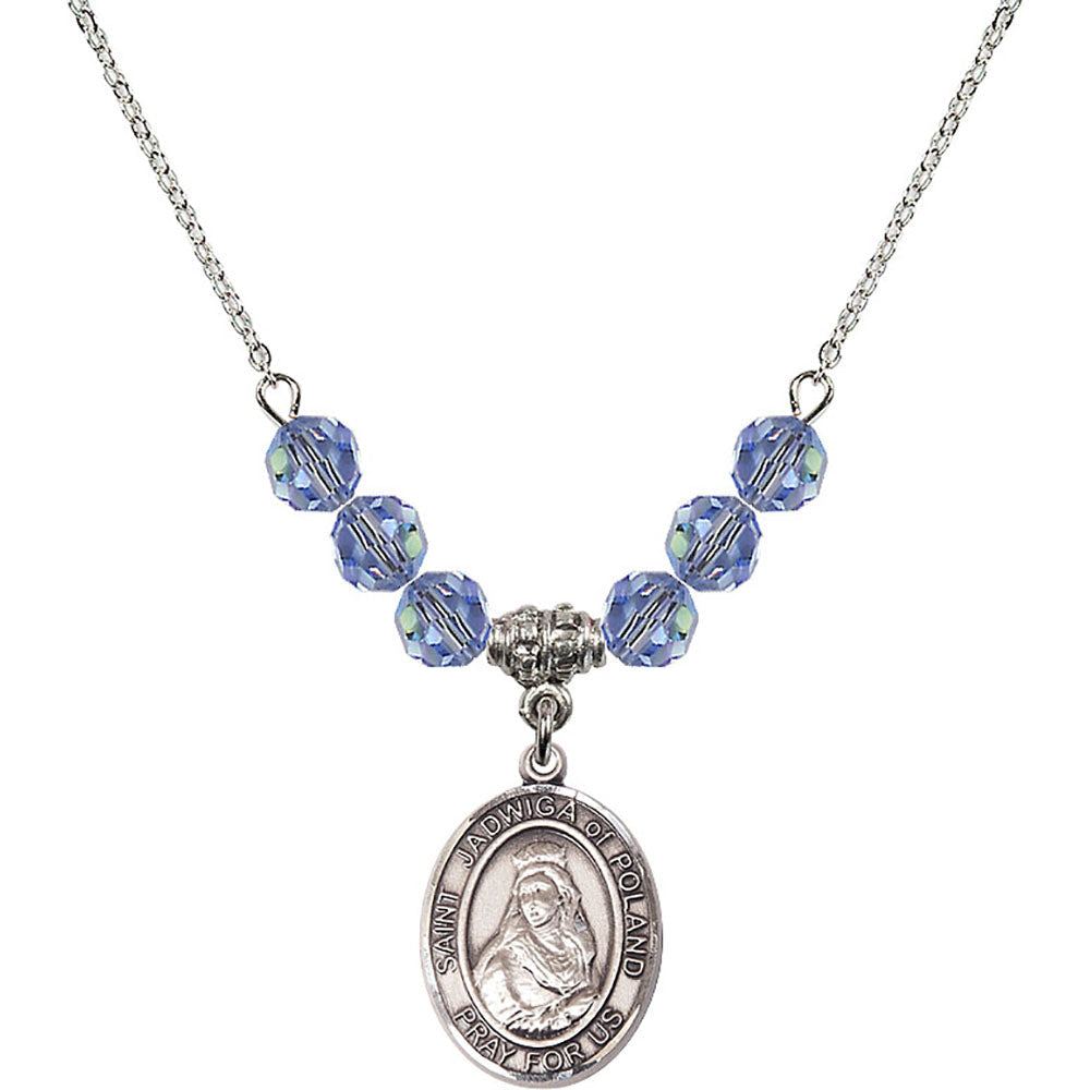 Sterling Silver Saint Jadwiga of Poland Birthstone Necklace with Light Sapphire Beads - 8434