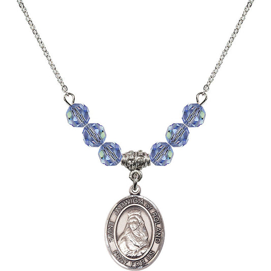 Sterling Silver Saint Jadwiga of Poland Birthstone Necklace with Light Sapphire Beads - 8434