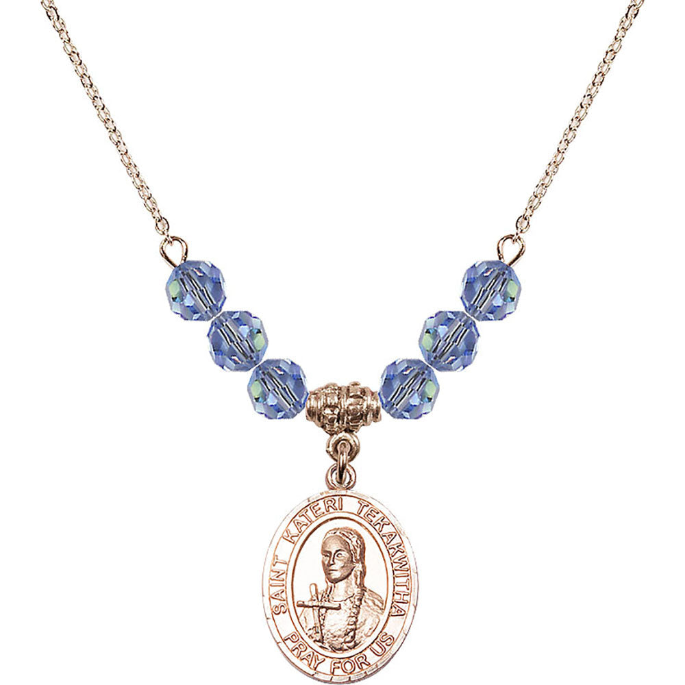14kt Gold Filled Saint Kateri Tekakwitha Birthstone Necklace with Light Sapphire Beads - 8438