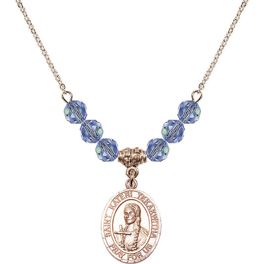 14kt Gold Filled Saint Kateri Tekakwitha Birthstone Necklace with Light Sapphire Beads - 8438